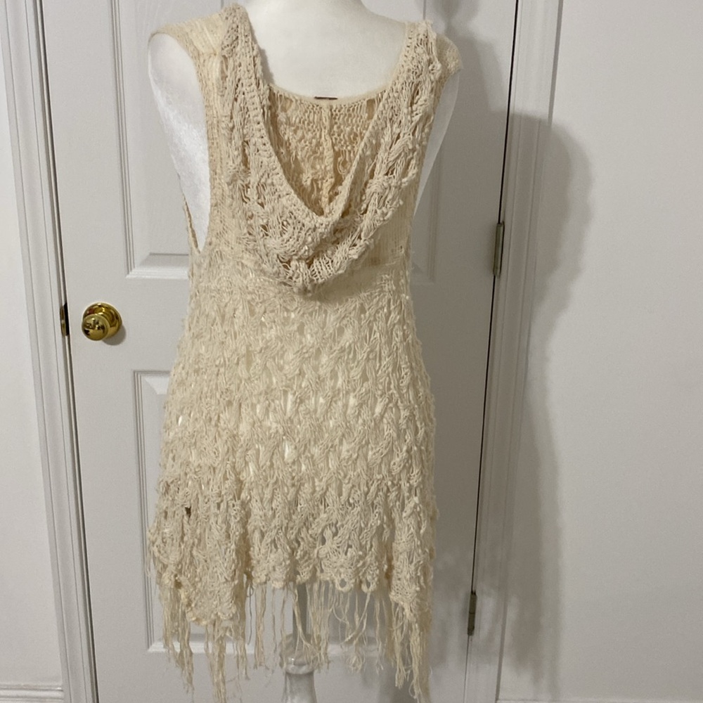 Free People Ivory Crochet Vest with Fringe and Hood - Picture 6 of 9